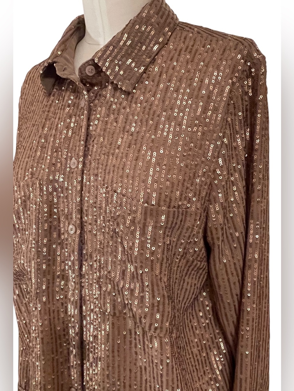 ❤️ NWT! Anthropologie The Remie Bronze Sequin Button Down Blouse XL - Picture 6 of 13